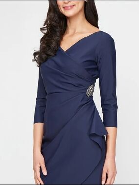 Alex Evenings Diana Navy Cascade Ruffle Sheath Contour Wrap Formal 3/4 Sleeve 8P